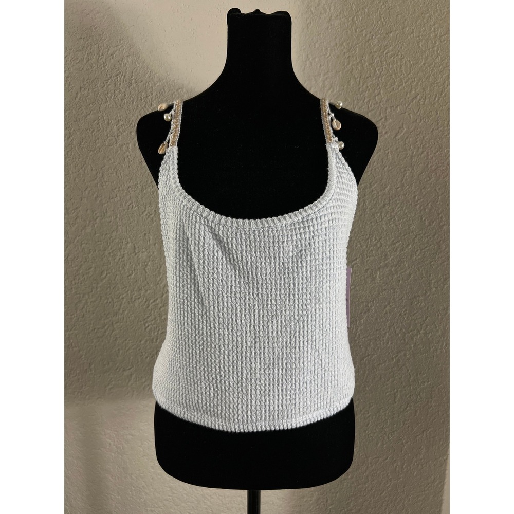 NWT Wild Fable Blue Knit Tank Top M Seashell Pearl Straps Beach Crochet Camisole